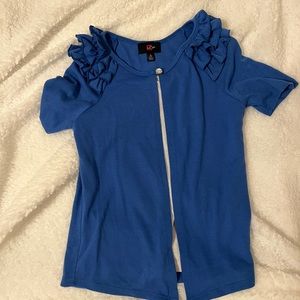 blue ruffle sleeves and white tank under (connected)